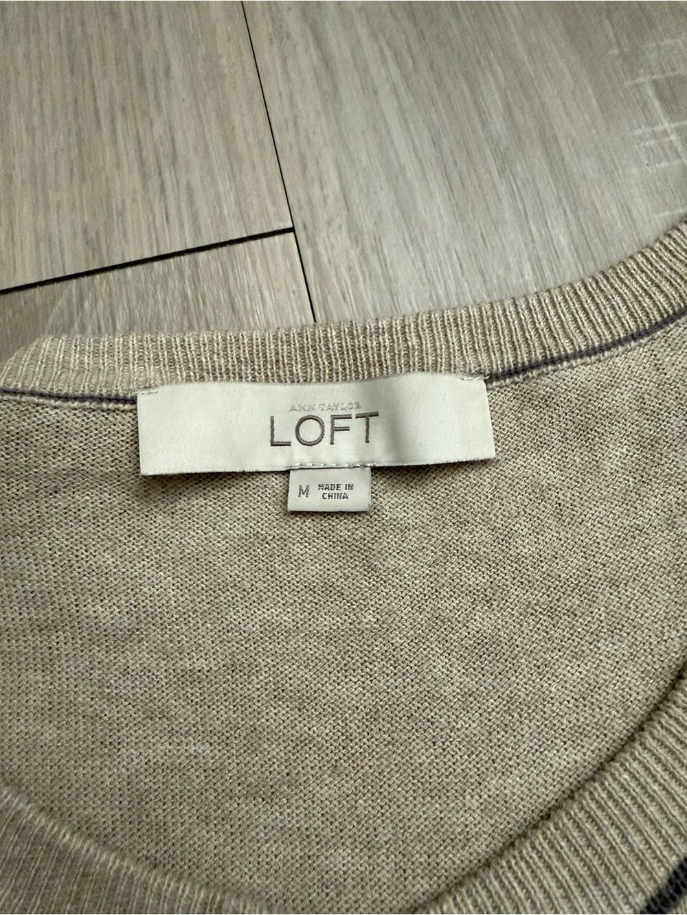 LOFT Light Beige Short-Sleeve Button Front Cardigan with Contrast Trim